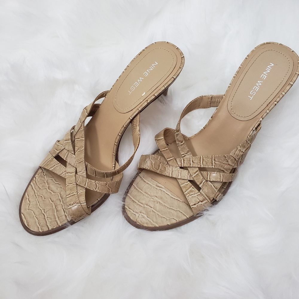 Nine West Y2K Strappy Tan Snakeskin Sandal Kitten Heels Leather Size 9.5